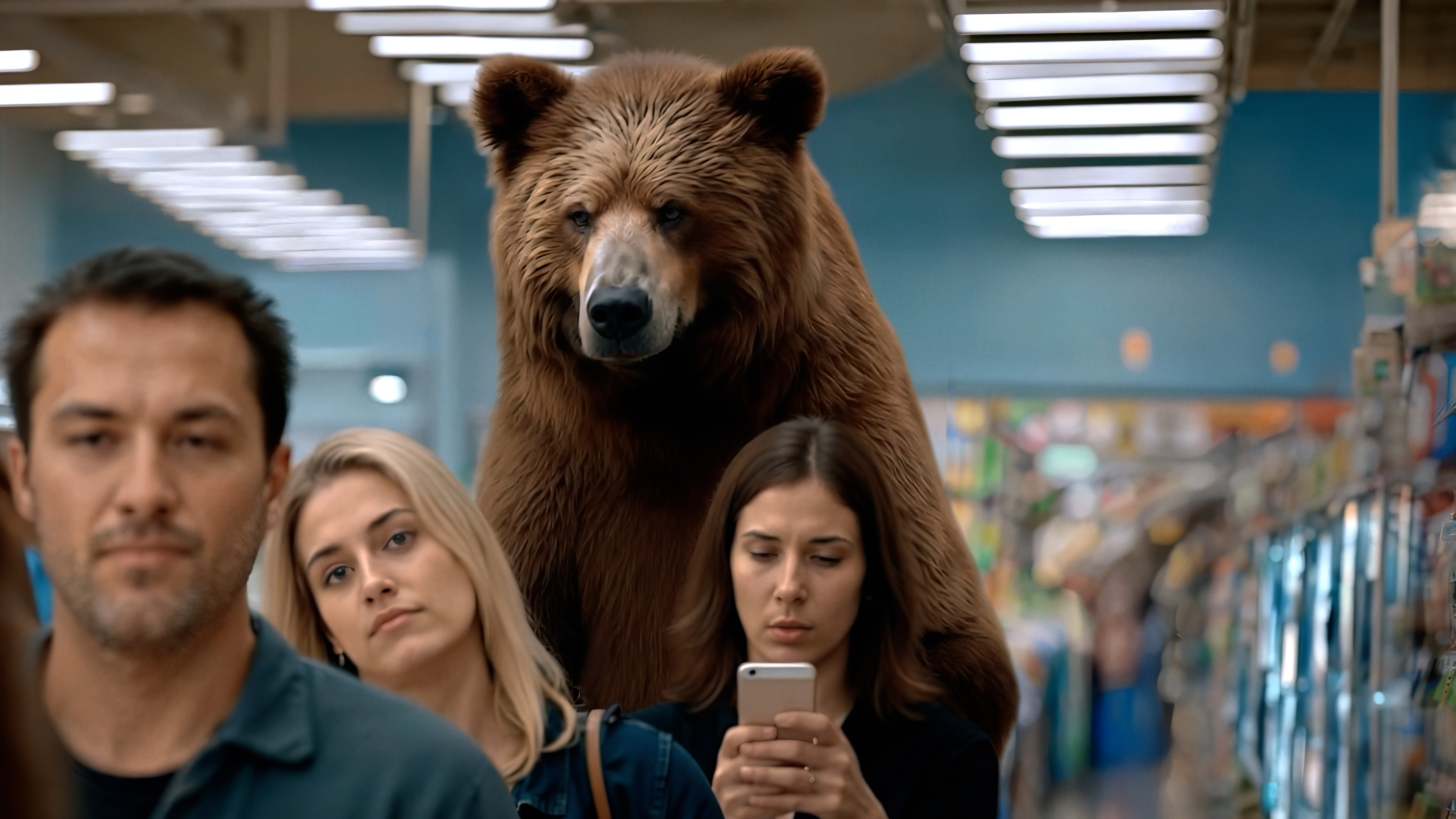 Un oso grizzly haciendo fila en un supermercado, parte de la campaña Absurdo.